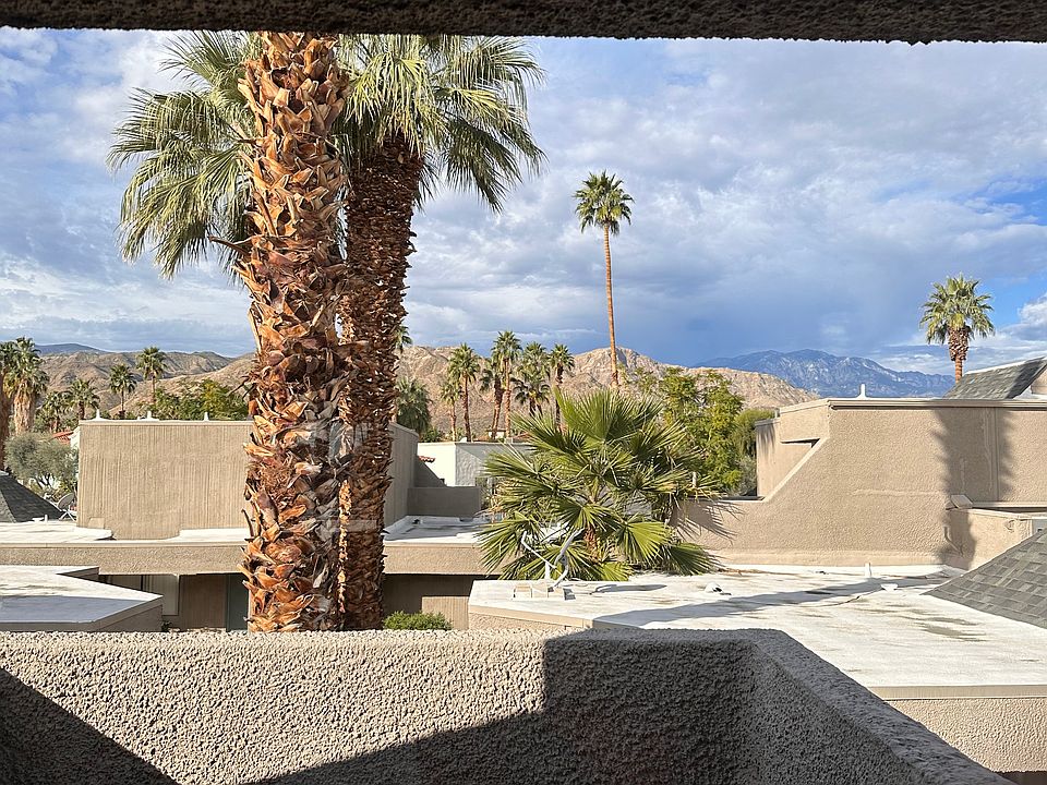 Another view from the private balcony featuring palm trees and mountain backdrop.