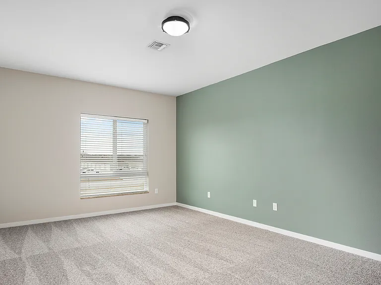 Bright, spacious room with a green accent wall and plush carpeting, perfect for personalization. Bright, spacious room with a green accent wall and plush carpeting, perfect for personalization.