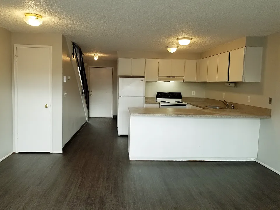 Townhouse style kitchen, view from living room