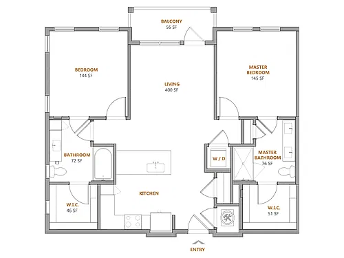 Floor plan 2 Bed, 2 Bath B (120% Income Restricted)