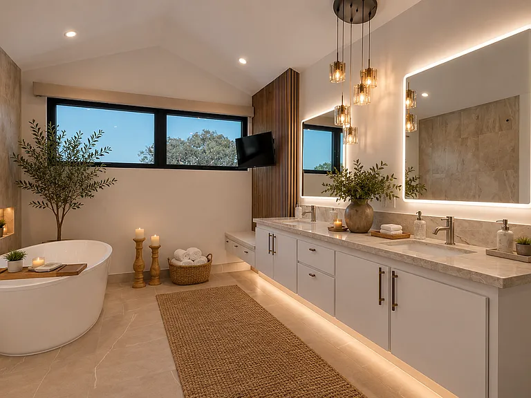 Primary bathroom with 2 shower heads as well as a rain shower head, steam room, tub, TV, double sink and walk in closet (separated by a door). Also has large winds to the east for amazing sunrise mountain views.