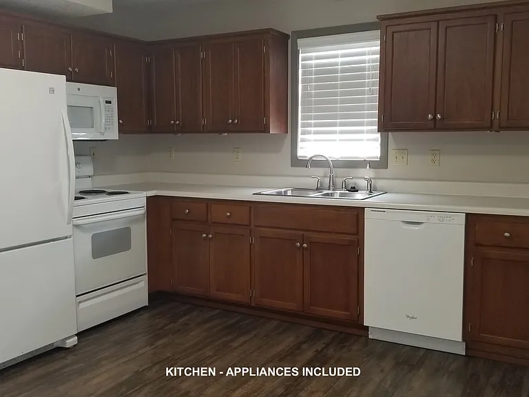Kitchen: includes refrigerator, oven/stove, microwave, and dishwasher. Window looks to south. Vinyl plank flooring.