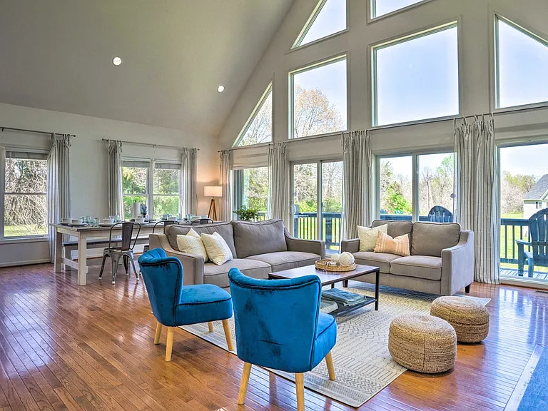 living and dining, a-frame windows
