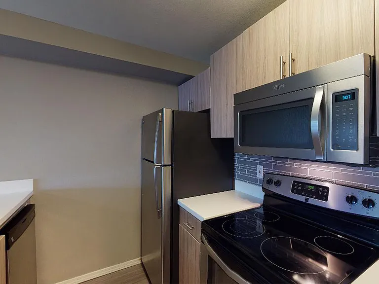 Apartment kitchen with stainless steel appliances, quartz countertops and wood-style flooring.