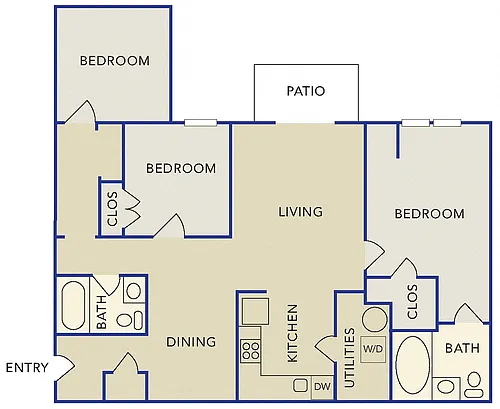 Floor plan Three Bedroom 2 bath apartment "B"