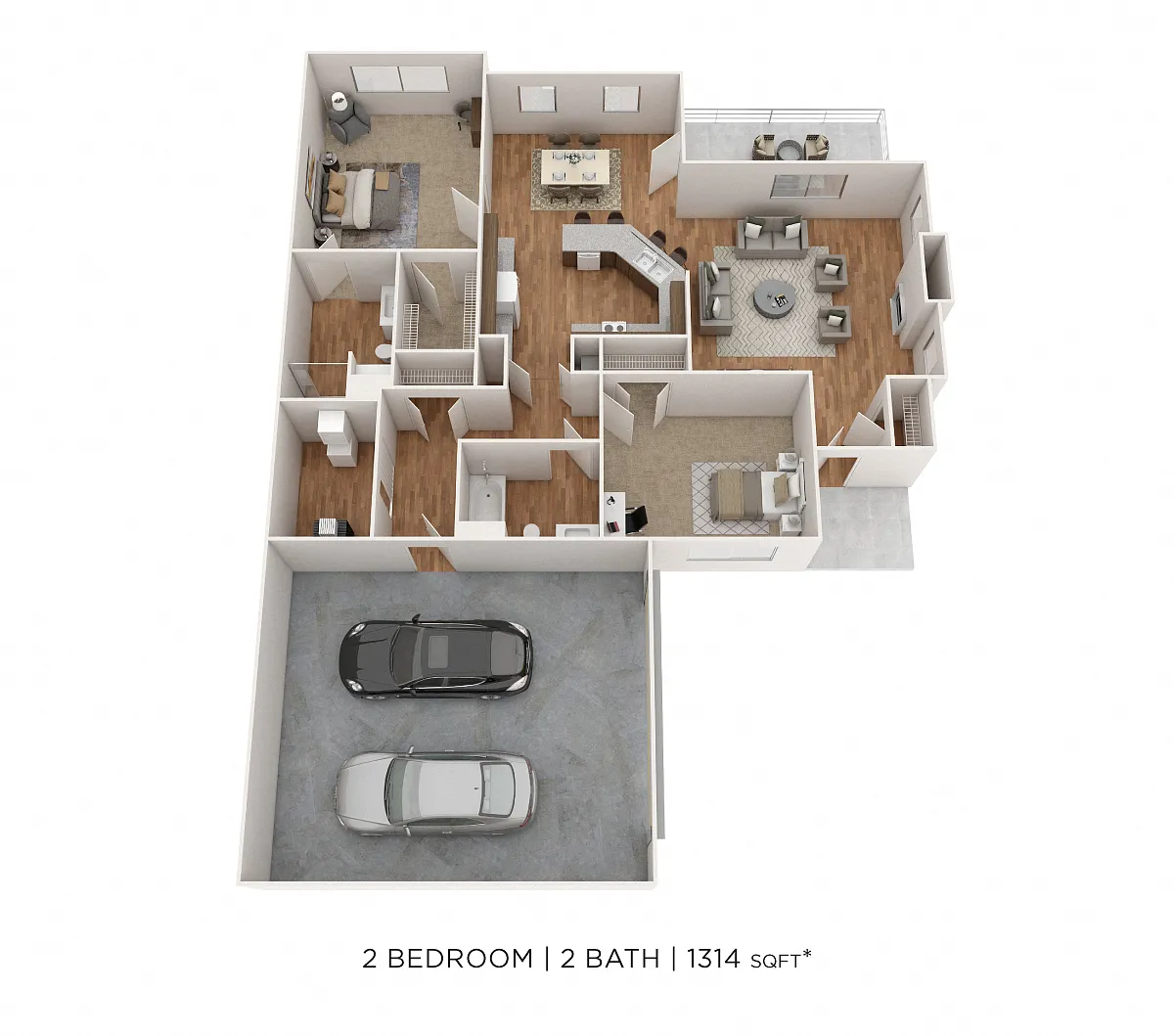 Floor plan Two Bedroom 2 Bath Townhome- 1,314 sqft