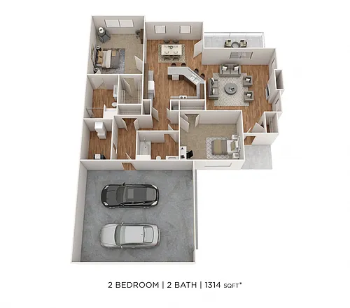 Floor plan Two Bedroom 2 Bath Townhome- 1,314 sqft