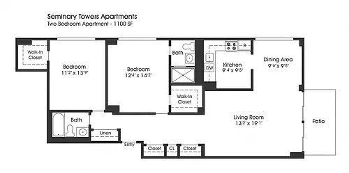 Floor plan 2BR 2BA (1100sf)