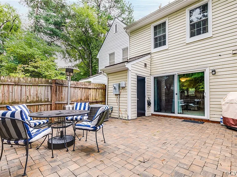 Fenced in outdoor patio and shed