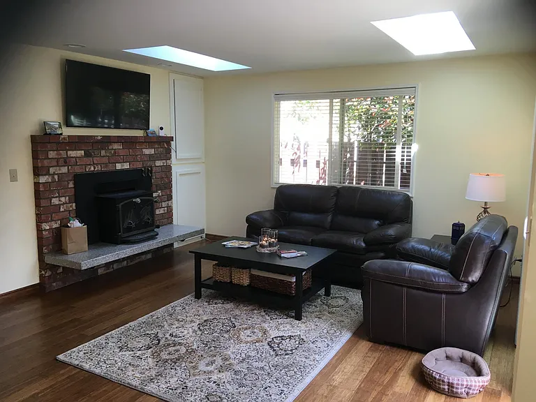 family room with built-in storage and 2 skylights on sunny side of house