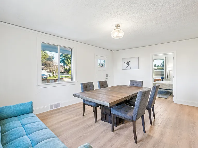 Large dining room with sitting area.