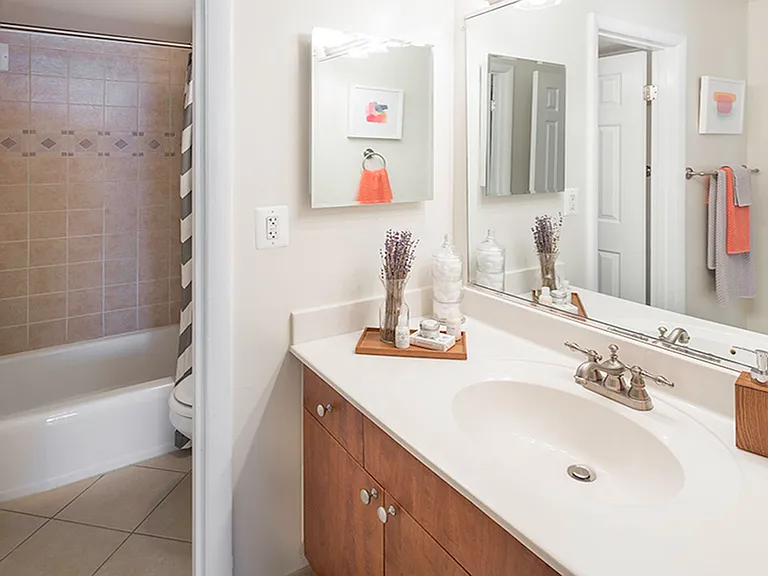 Large vanity in bathroom as well as tile surround in bath