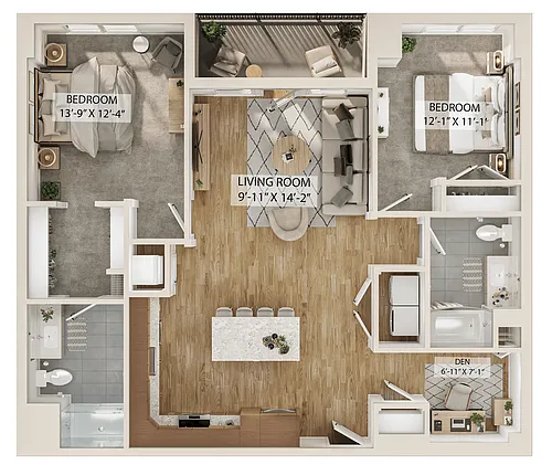Floor plan 2 Bed/2 Bath Den-B7D