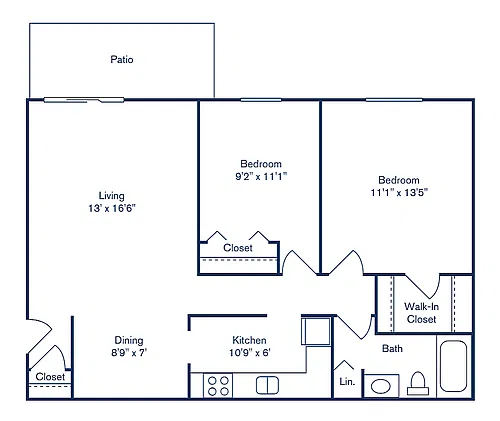 Floor plan 2 Bedroom, 1 Bath (816 sqft.)