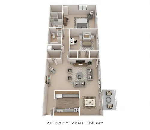 Floor plan Two Bedroom 2 Bath- 950 sqft