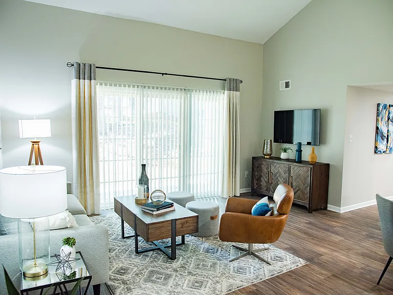Spacious living room with hardwood-style flooring