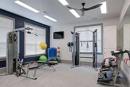 Modern fitness center with state-of-the-art equipment, including weight machines and exercise balls
