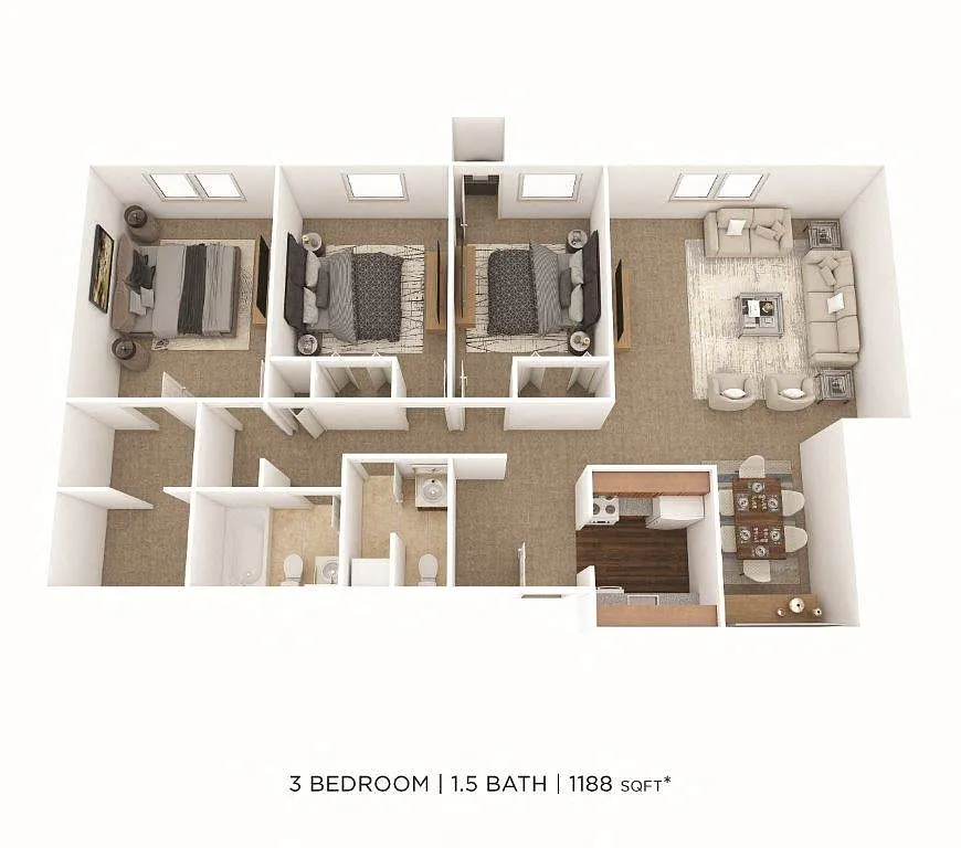 Floor plan Three Bedroom 1.5 Bath- 1,188 sqft