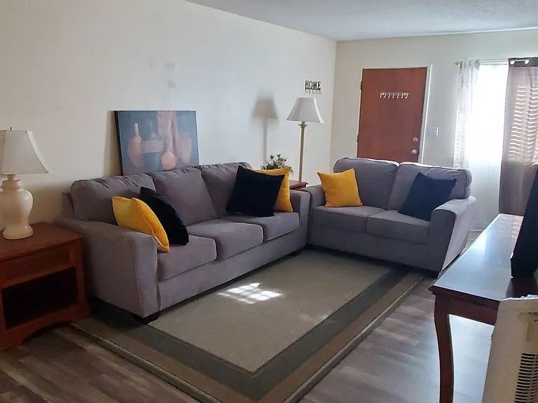 Spacious living room with new Ashley sofa & loveseat, large TV.
