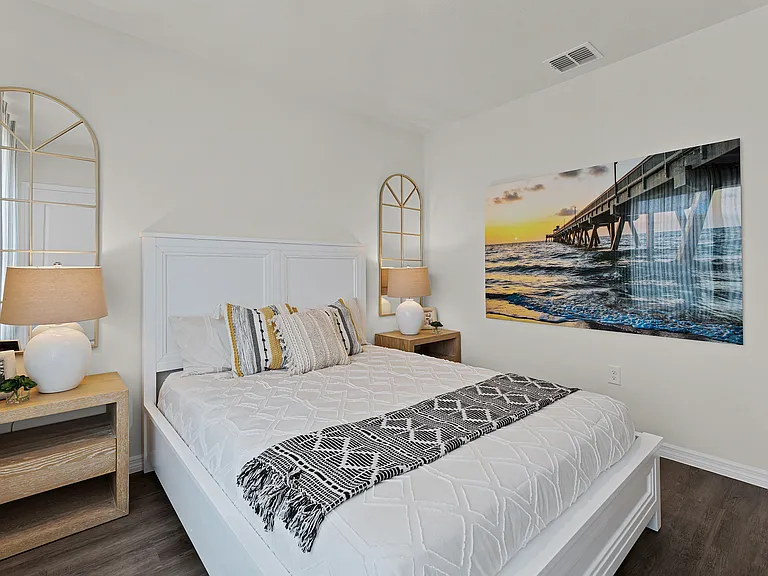 Cozy bedroom retreat with stylish coastal-inspired decor.