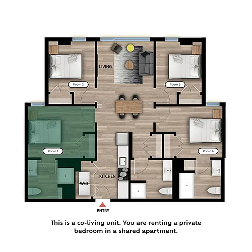 Floor plan Private Bed in a 4 Bed 3 Bath C - RM1-Private Bath