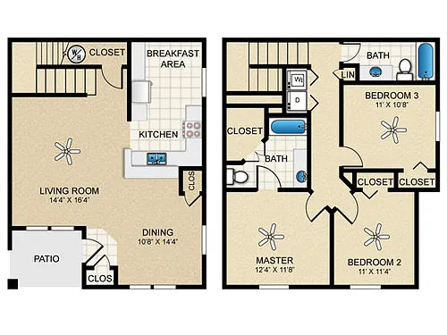 Floor plan 3 Bed, 2 Bath C Townhome with Garage