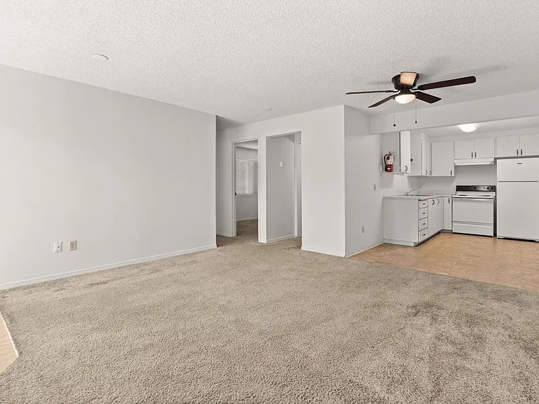 Bright and spacious living area with neutral carpet and modern kitchen layout. Bright and spacious living area with neutral carpet and modern kitchen layout.