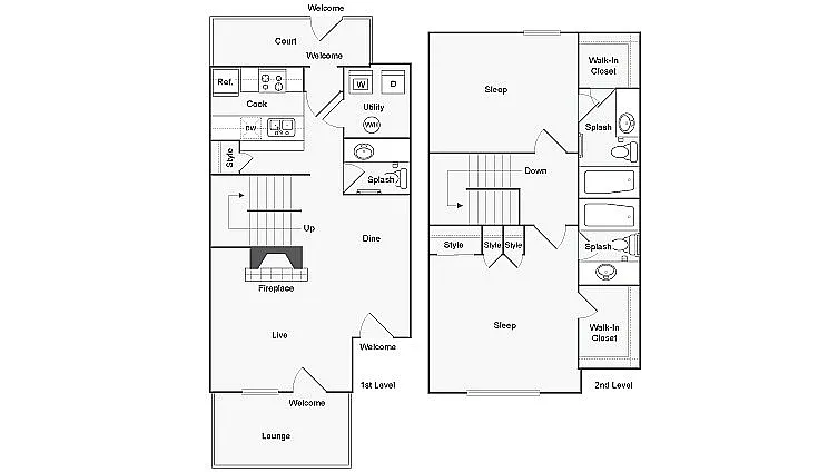 Floor plan 2 BR x 2.5 BA Townhome with W/D - B