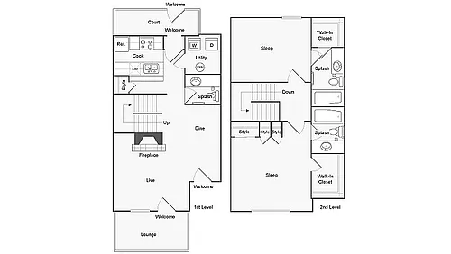 Floor plan 2 BR x 2.5 BA Townhome with W/D - B