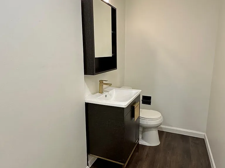 Newly remodeled guest bathroom adjacent to living and family rooms.