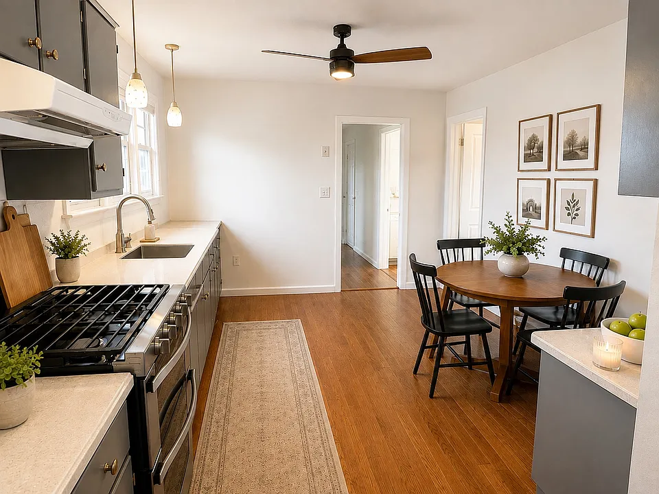 Kitchen fits large dining table set.