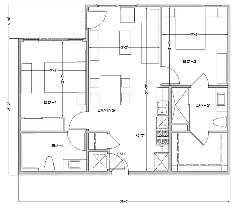Floor plan 2 Bedrooms Balcony - Rooms opposite to each other