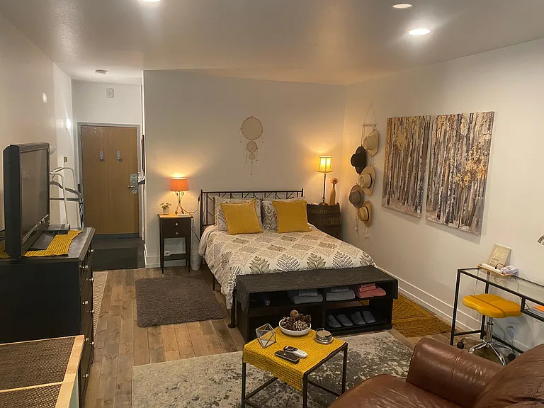 The bedroom and living room.