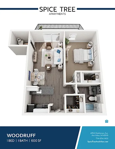 Floor plan 1x1 - 1 bdrm med w/ patio