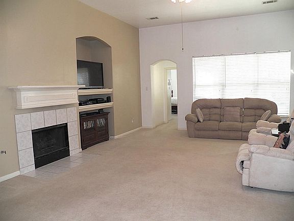 Cozy fireplace in the family room with built-in media storage.