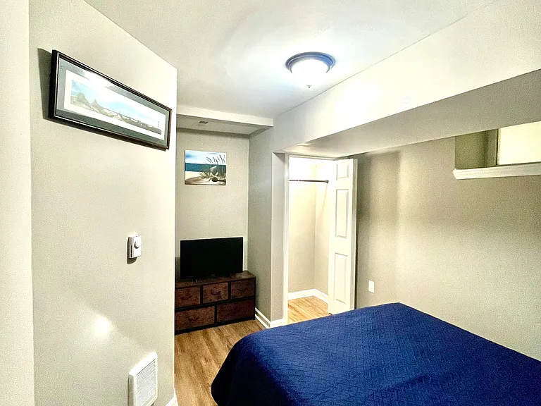 Furnished bedroom with wood-look floors, ceiling light, and space for a bed plus dresser/TV setup; closet access nearby.