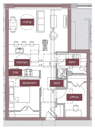 Floor plan 1BR + Office/Den Floor Plan M | Lofts South