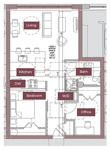 Floor plan 1BR + Office/Den Floor Plan M | Lofts South