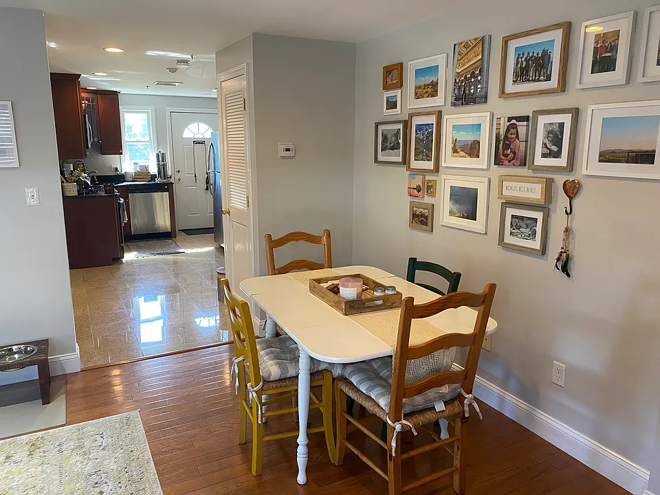 Dining area looking into kitchen.