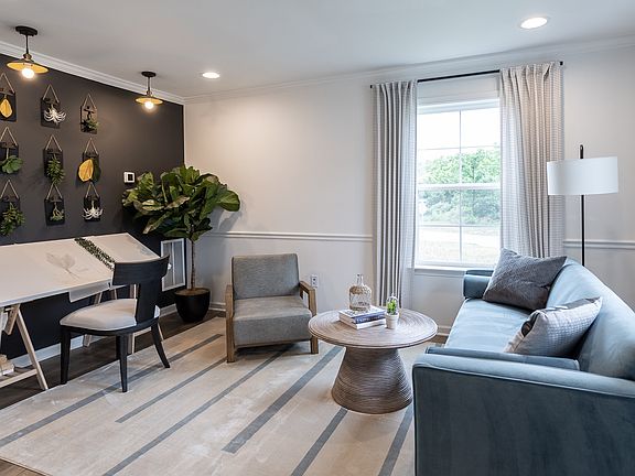 Living room with 2 large windows in a DRB Homes Carnegie II model in the Chesterfield community.