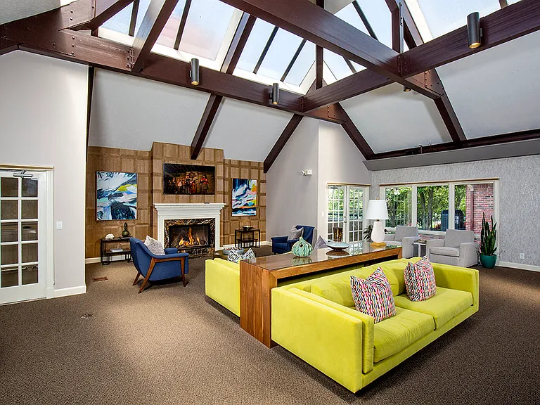 Spacious resident lounge with fireplace