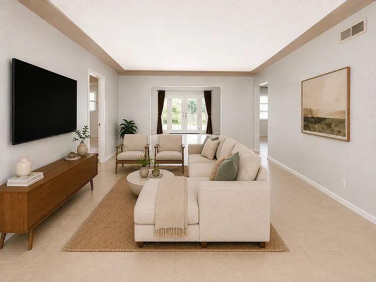 Front Living Room facing back of the house towards the Sunroom/Reading/Play Room (staged with AI).