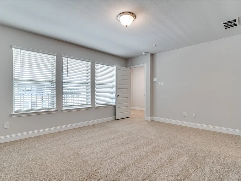 Carpeted room featuring three windows with blinds, a ceiling-mounted light fixture, and a solid core door