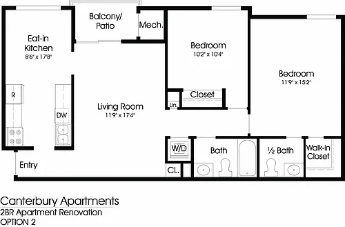 Floor plan 2BR 1.5BA (860sf)