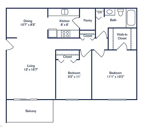 Floor plan 2 Bedroom, 1 Bath (884 sqft.)