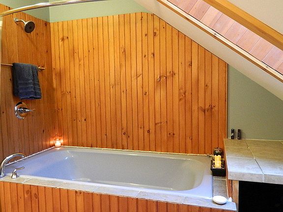 Jacuzzi tub and shower on upper level