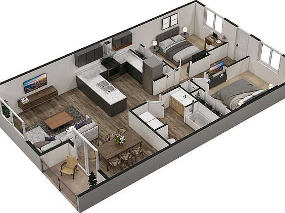 2 Bed 1 Bath Layout A rendering