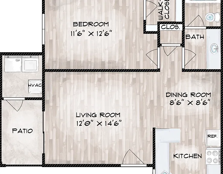 1 Bedroom 1 Bathroom Floorplan Diagram
