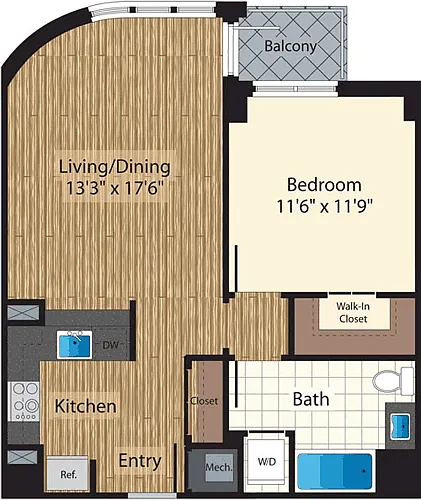 Floor plan One Bedroom E 736