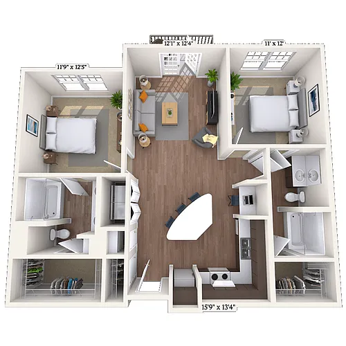 Floor plan Traditional 2x2 1043-1162 SF